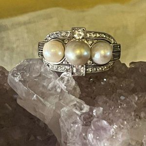 Antique Art Deco Unique Platinum Pearl and Diamond Ring, Size 8.5